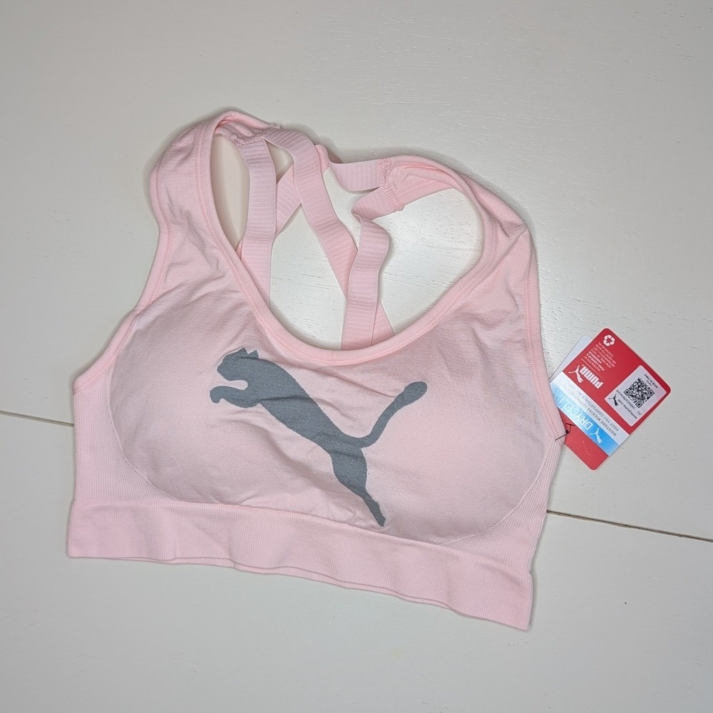 Puma Sports Bra Womens Large Pink Seamless DryCell Low Support Strappy Back Logo